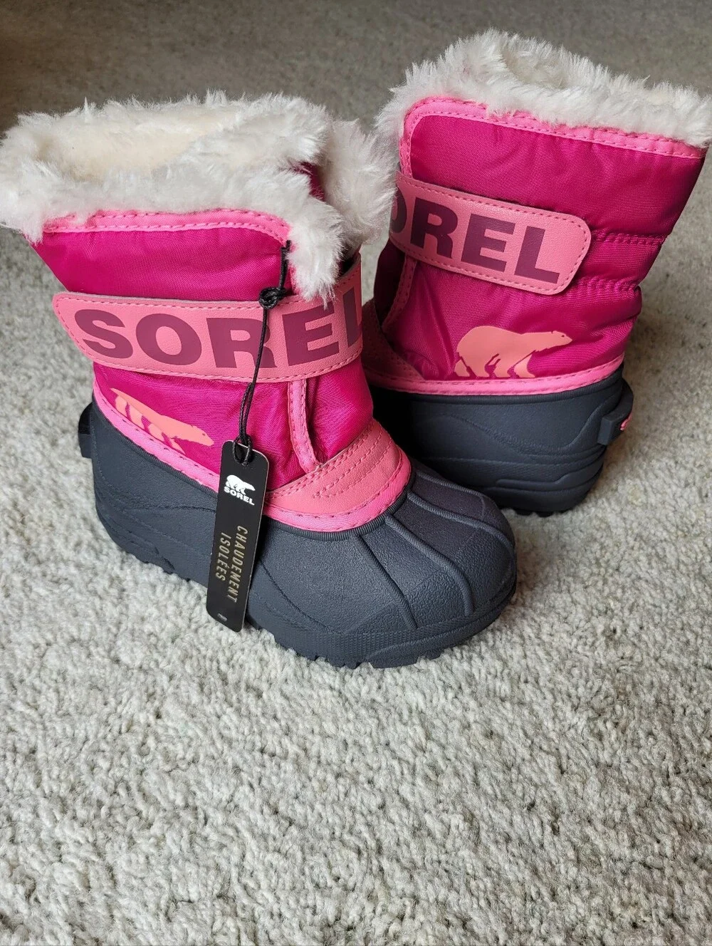 Sorel Kids' Pink & Gray Insulated Velcro Closure Snow Boots Waterproof 9
